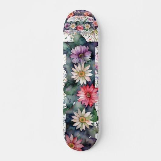 Skateboard Fleurs d'aquarelles personnalisées Monogramme D (Devant)