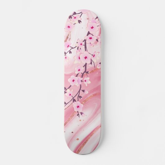 Skateboard Fleurs de cerisier rose Marbre Arrière - plan Flor (Recto)