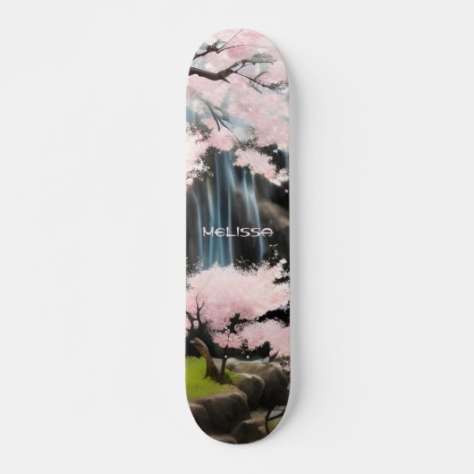 Skateboard Fleurs de cerisiers et cascade | Monogramme (Devant)
