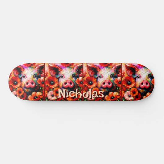 Skateboard Fleurs de cochon rouge impressionniste Personnalis (Horz)