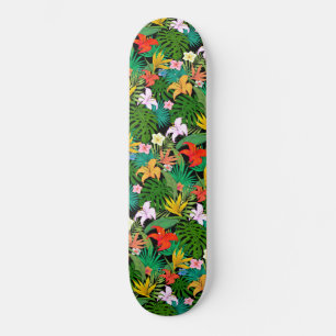 Skateboard Fleurs multicolores et Feuilles de palme sur noir