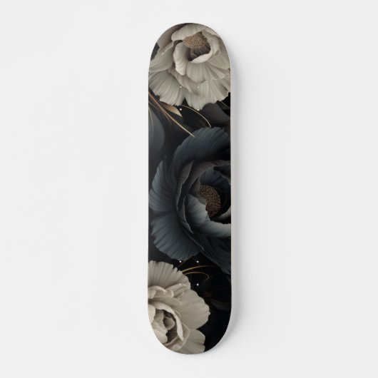 Skateboard Fleurs noires et blanches (Devant)