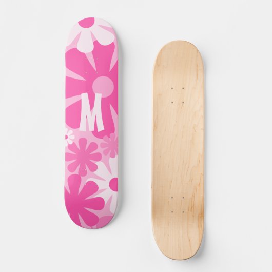 Skateboard Fleurs rétro Motif rose avec initial (Recto)