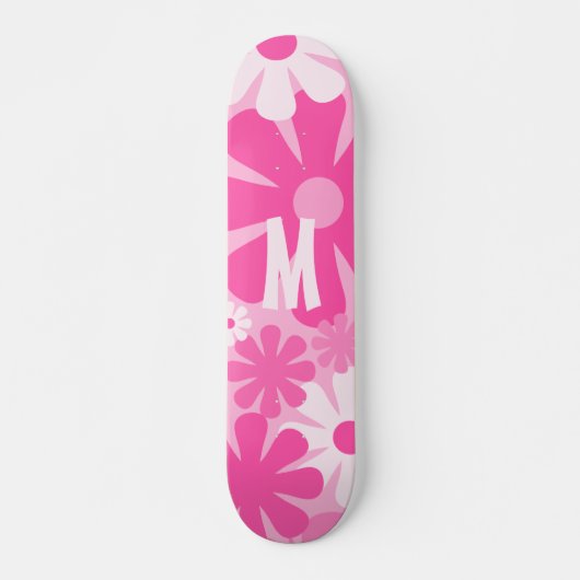 Skateboard Fleurs rétro Motif rose avec initial (Devant)