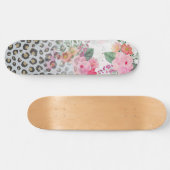 Skateboard Fleurs roses Empreintes de léopard noires en argen (Horz)