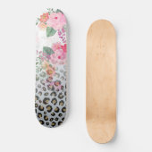 Skateboard Fleurs roses Empreintes de léopard noires en argen (Recto)
