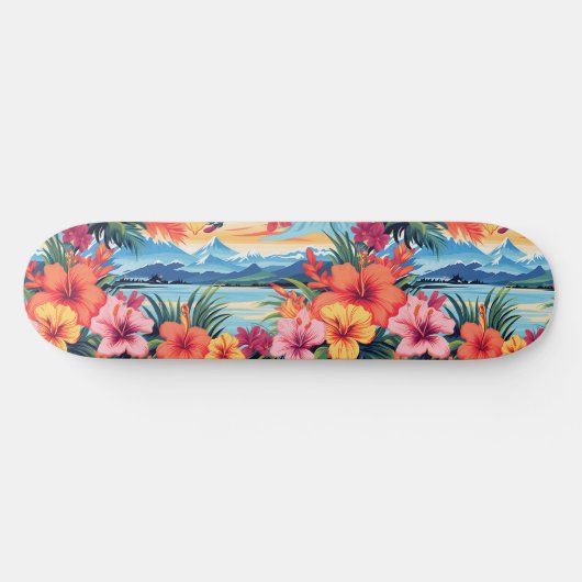 Skateboard Fleurs tropicales colorées et paysage (Horz)