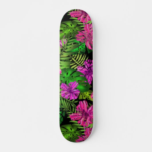 Skateboard Fleurs tropicales et plantes en noir (Devant)