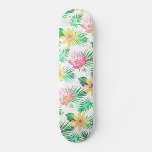 Skateboard Fleurs tropicales roses et jaunes (Recto)