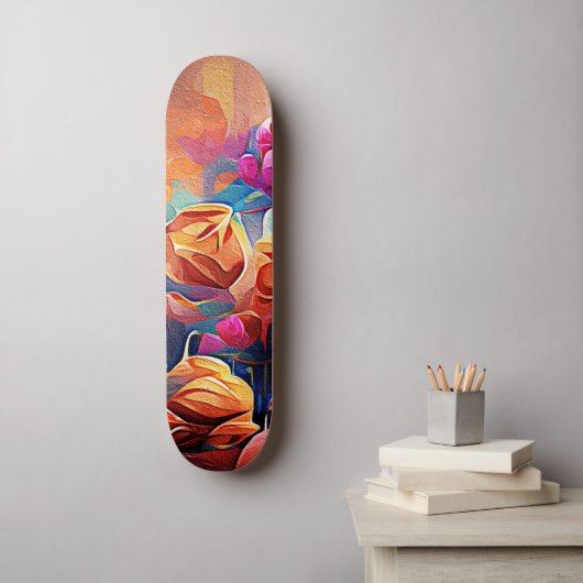 Skateboard Floral Abstract Art Orange Red Blue Flowers (Art mural)