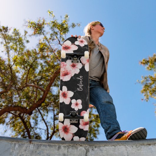 Skateboard Floral Cherry Blossom Monogram Black Pink Girly (Extérieur 1)