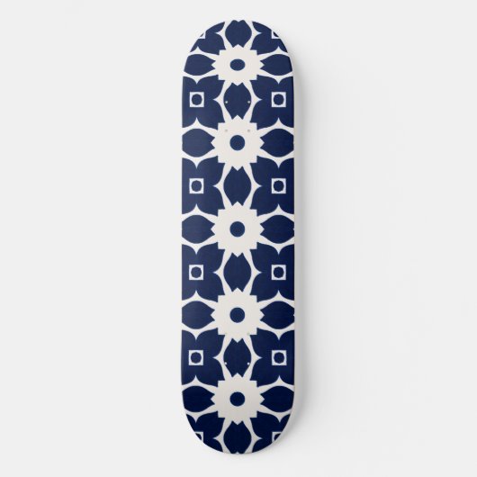 Skateboard Floral géométrique bleu et blanc de la Marine (Recto)
