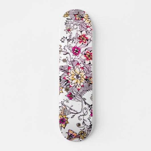 Skateboard Floral peint à la main d'aquarelle jaune rose (Devant)