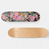 Skateboard Flore tropicale, flamants roses et strokies d'or (Horz)