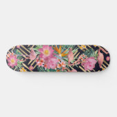 Skateboard Flore tropicale, flamants roses et strokies d'or (Horz)