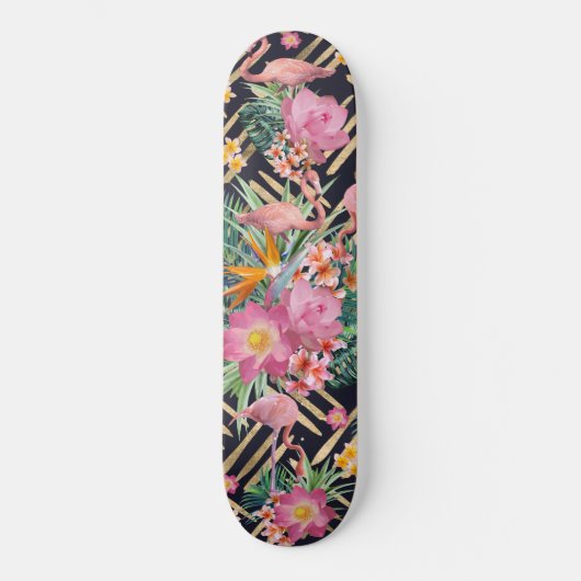 Skateboard Flore tropicale, flamants roses et strokies d'or (Recto)