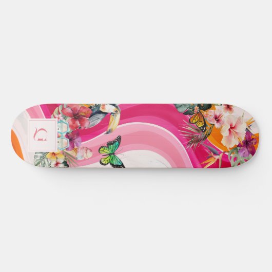 Skateboard Flux dynamique | Funky Retro Tropical Monogramme (Horz)