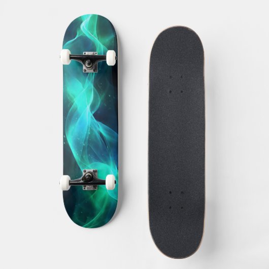Skateboard Formes lumineuses en bleu-vert et noir (Recto)