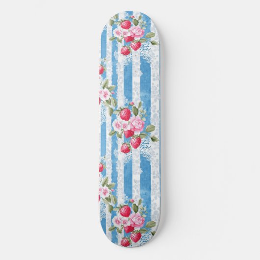 Skateboard Fraises vintages et fleurs sur bandes bleues (Recto)