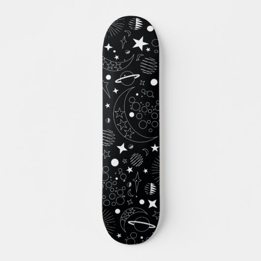 Skateboard Galaxie cosmique céleste noire et blanche (Devant)