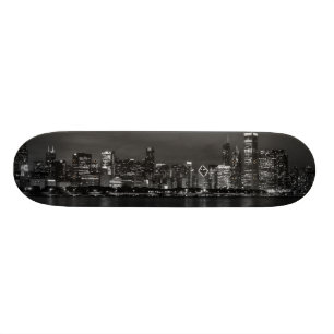 Skateboard Gamme de gris de paysage urbain de nuit de Chicago