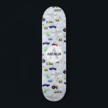 Skateboard Garçons Cool Bleu Moderne Transport Voiture Motif<br><div class="desc">Ce design de skateboard pour enfants moderne et cool présente des motifs de transport acad, avec des voitures, des avions, des hélicoptères et des crevettes sur un arrière - plan bleu, et peut être personnalisé avec votre nom de garçon et monogramme. Le cadeau idéal pour tous les amateurs de skateboard....</div>