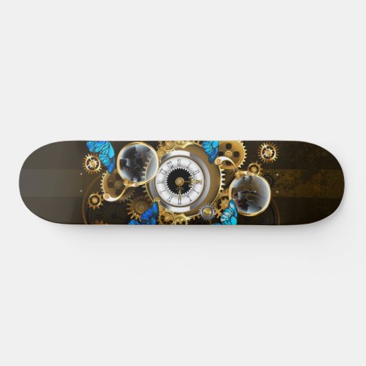 Skateboard Gears of Steampunk and Blue Butterflies (Horz)