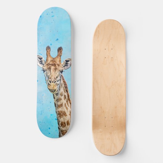 Skateboard Giraffe curieuse avec Ciel de Confetti Bleu (Recto)