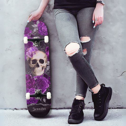 Skateboard Gothique Crâne foncé violet Roses Personnalisé