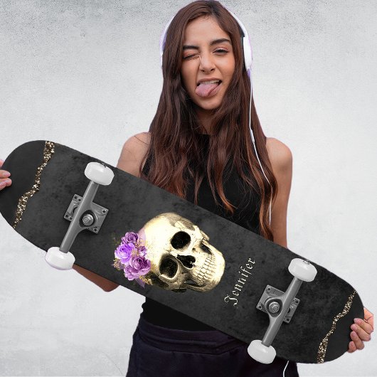 Skateboard Gothique Crâne violet Roses personnalisés