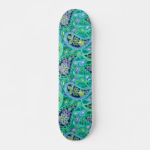 Skateboard Groovy Daisy Paisley BoHo Aquarelle Sarcelle