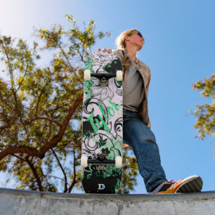 Skateboard Grunge floral en noir et Turquoise marque Dd