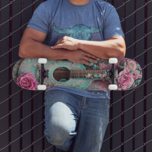 Skateboard Guitare vintage et illustrations Roses