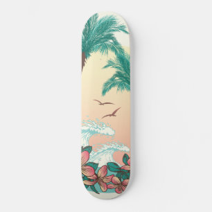 Skateboard Hawaii Sunset Waves Hibiscus Fleurs Palmiers Oisea