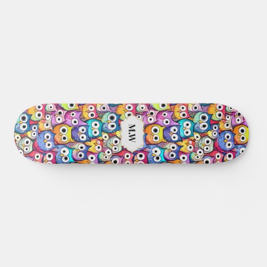 Skateboard Hibou face caricature oiseaux motif monogramme spo (Horz)