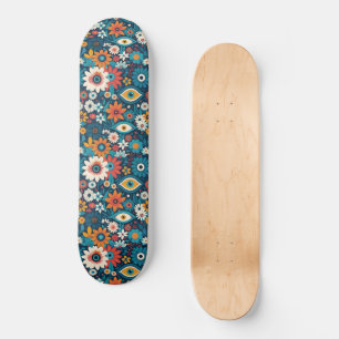 Skateboard Hippie Florale Avec Yeux Mystiques Blues & Orange