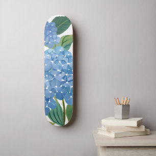 Skateboard Hortensias Bleus Fleur Florale Aquarelle