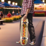 Skateboard Hot Dog Colorful Food Nom personnalisé<br><div class="desc">Un skateboard amusant,  conçu pour ressembler à un hot dog avec moutarde et ketchup tomate. Personnalisez avec un nom pour une touche de finition individuelle.</div>