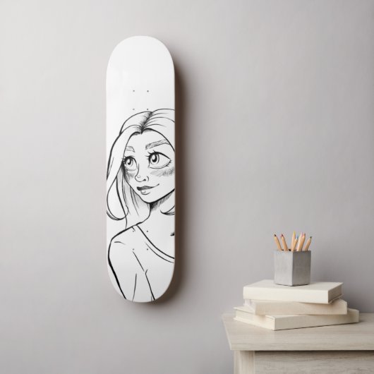 Skateboard Illustration de mignonne Anime Girl Black White (Art mural)