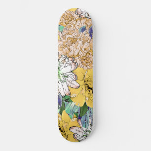 Skateboard Illustration florale à la mode jaune et verte