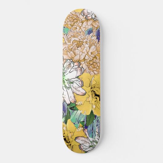 Skateboard Illustration florale à la mode jaune et verte (Recto)