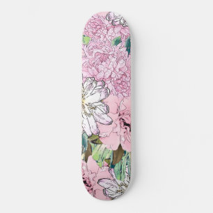 Skateboard Illustration florale rose et blanche de mignonne f
