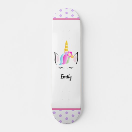 Skateboard Illustration Unicorn Couronne Nom de la fille rose (Devant)