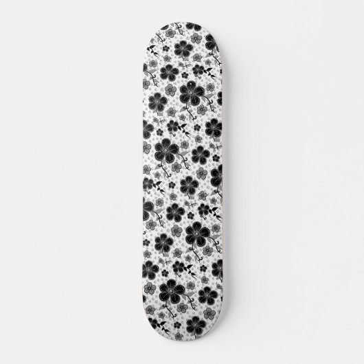 Skateboard Impression florale noire et blanche (Devant)