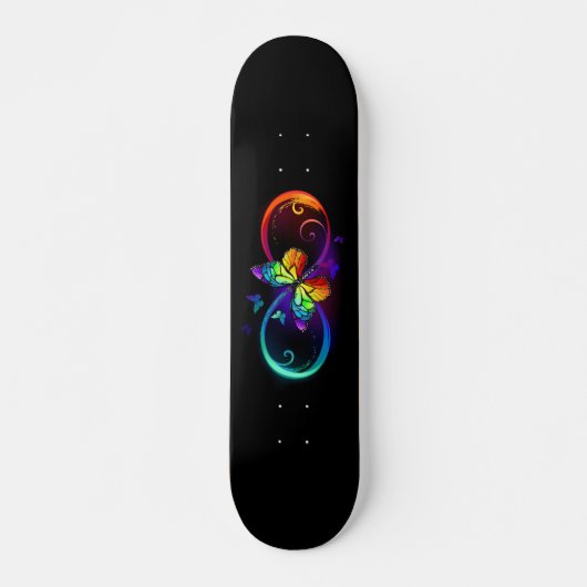 Skateboard Infini vibrant avec papillon arc-en-ciel sur noir (Devant)
