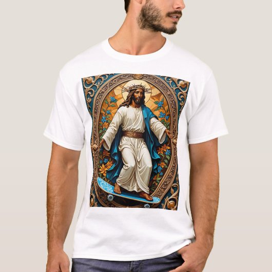 Skateboard Jesus Sacred Art Drôle Tshirt Religieux (Devant)