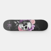 Skateboard Joli crâne floral Feuilles botaniques Nom Monogram (Horz)