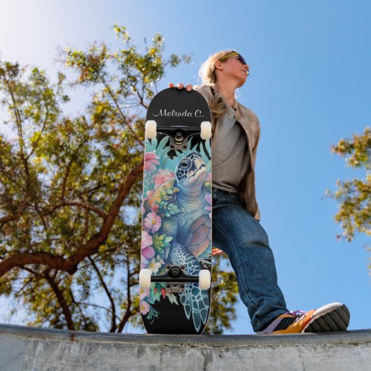 Skateboard Joli pont de tortue de mer fleurie (Extérieur 1)