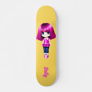Skateboard jolie fille en cheveux roses nom personnalisé