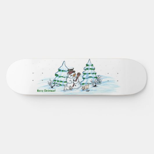 Skateboard Joyeux Noël ! Snowman avec chat et chiot (Horz)
